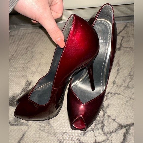 Stuwart Weitzman red metallic leather peep toe heel 9.5 Christmas holiday formal - Picture 4 of 15